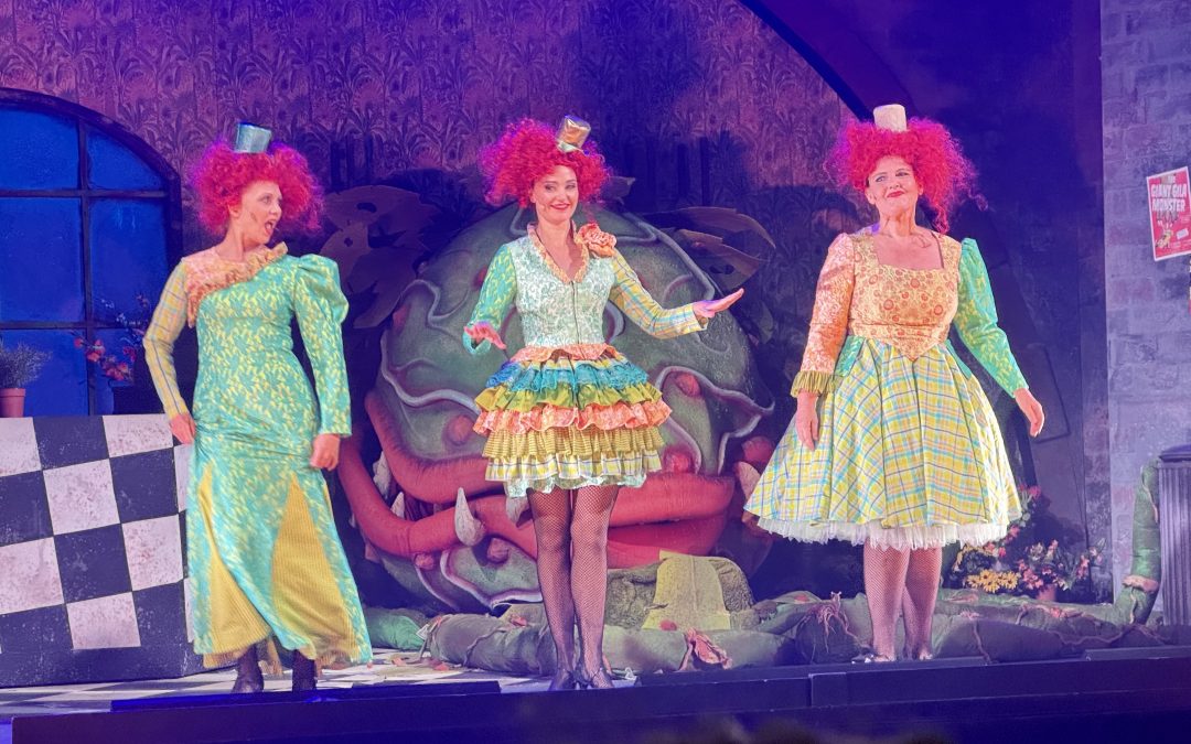 Motown trifft Monsterpflanze: Crystal, Chiffon und Ronnette bringen Girlgroup-Sound, Farbe und Tempo in den „Kleinen Horrorladen“ – während Audrey II im Hintergrund schon auf die nächste Mahlzeit wartet.